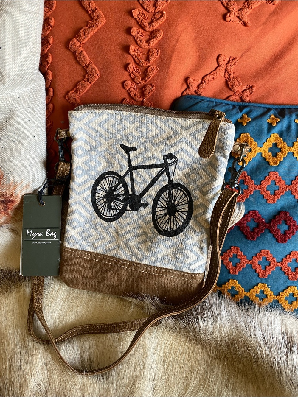 Myra Bag Tan & Cream Canvas Crossbody with Bicycle Graphic